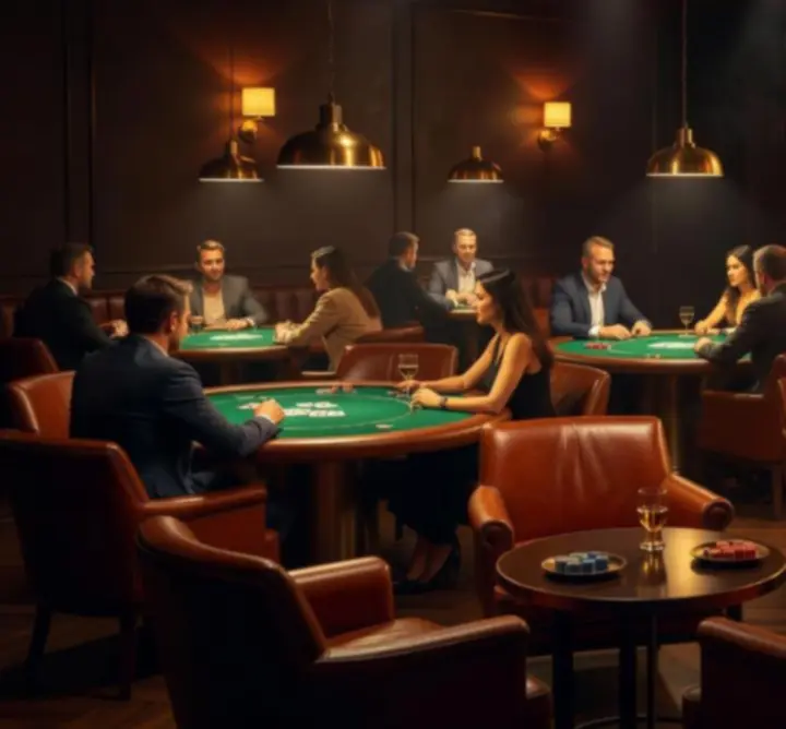 Elegáns poker lounge hangulatvilágítással és prémium enteriőrrel