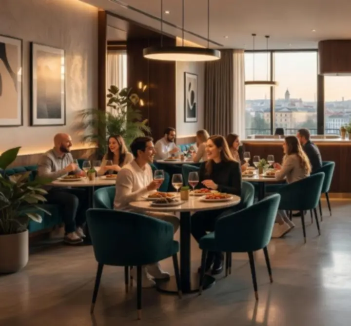 Buda Gastro Hub főterem elegáns, modern enteriőrrel