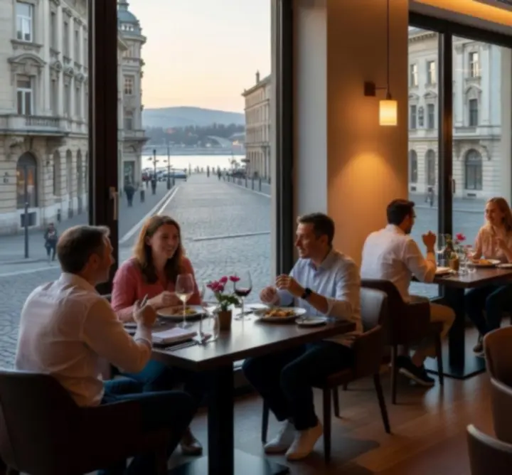 Modern, elegáns étterem enteriőr a Buda Gastro Hubban, meleg fényekkel és prémium hangulattal.