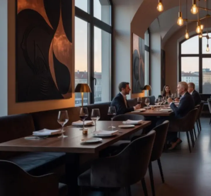 Kortárs, letisztult étterem enteriőr a Buda Gastro Hubban meleg fényekkel és elegáns bútorokkal.